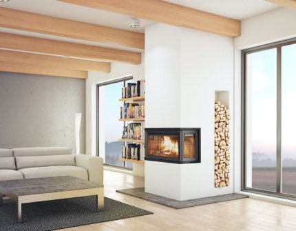 Jøtul I 620 FRL white fireplace insert with a wood niche in bright modern living room 